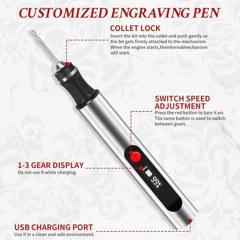 Kaibced Engraving Pen, Ultimate Cordless Engraving Pen for Artists & DIYers - Engrave 60+ Surfaces - Beginner Friendly- 30 Bits & Mastery Guide (Grey) - Image 3
